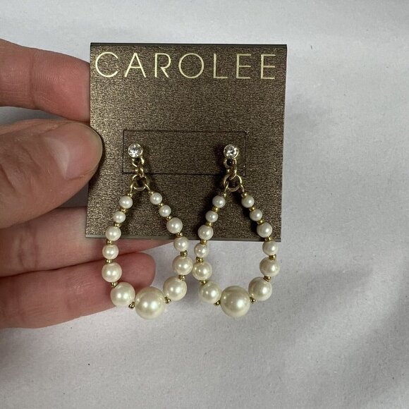 Vintage Carolee Faux Pearl Crystal Dangle Drop Stud Earrings NWT - Picture 2 of 6